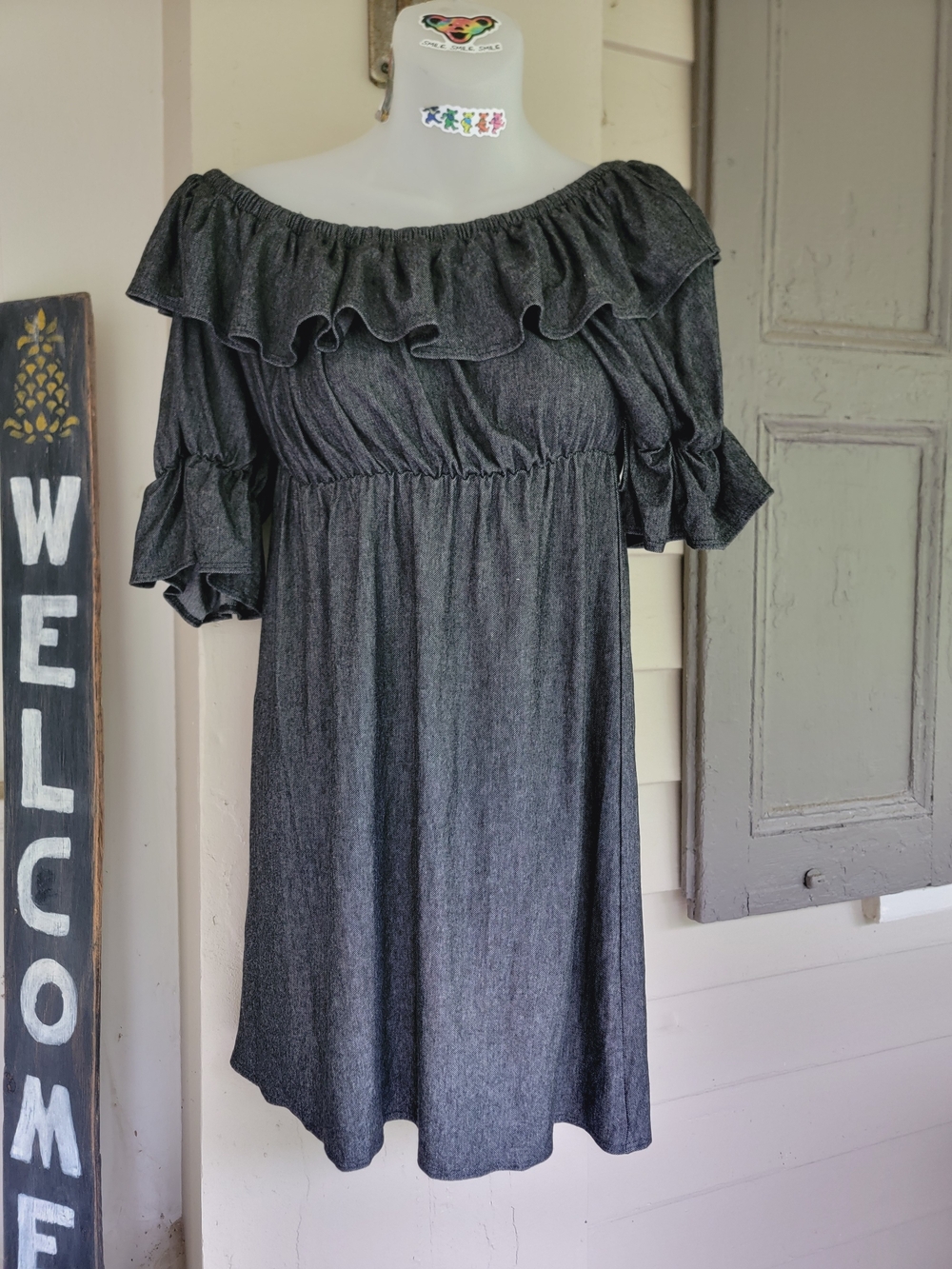 Vava by Joy Han Charcoal Off-Shoulder Ruffle Mini Dress Y2k Faux Denim Look